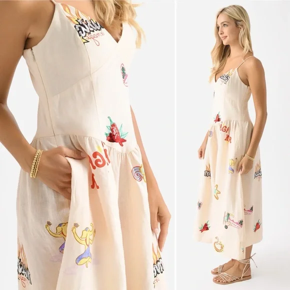 RHODE Sophie Linen Midi Dress Musical Print NWT Size 12 - Picture 3 of 16